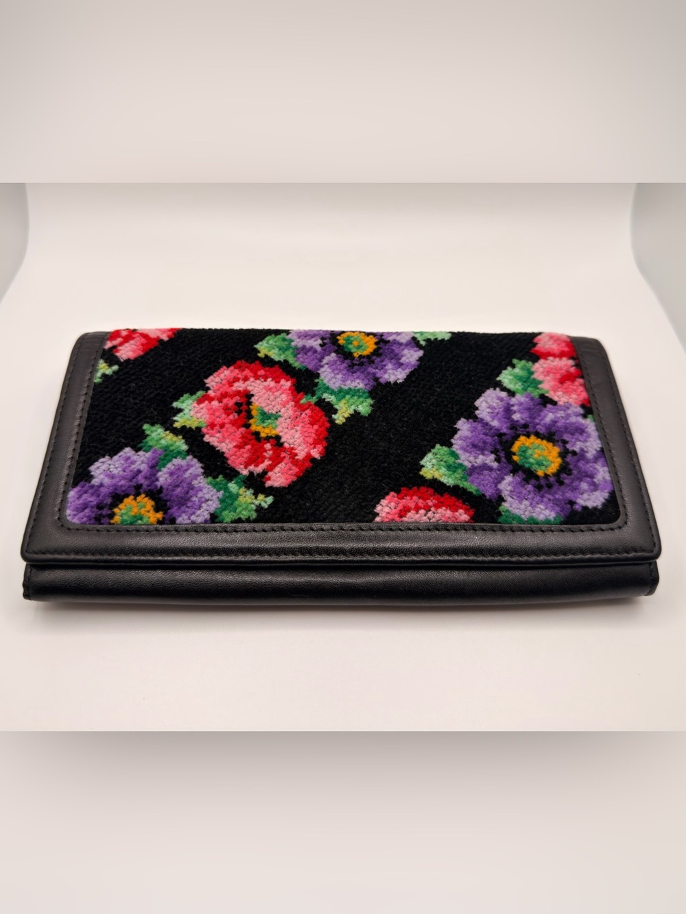 Feiler Germany Chenille Floral Embroidered Black Leather Long Wallet